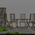 Outdoor Table With Wooden Folding Chairs Stone Wall And Green Moss