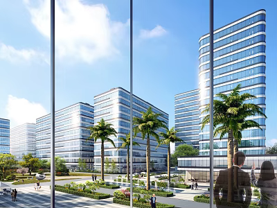 View Of Modern Glass Office Buildings With Landscaping And Palm Trees 3d model