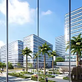 View Of Modern Glass Office Buildings With Landscaping And Palm Trees