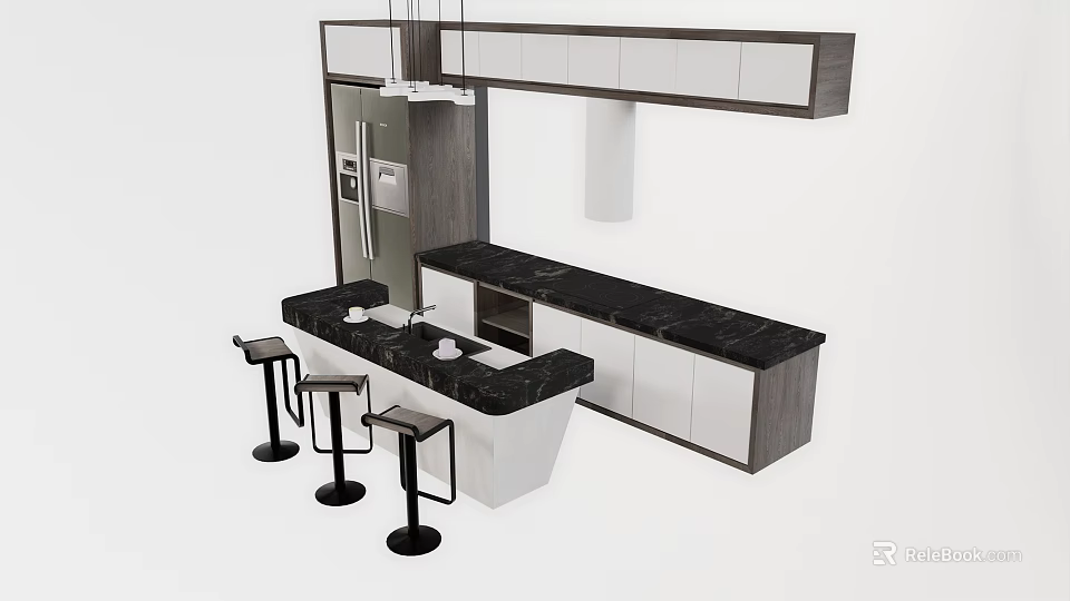 Modern Kitchen Interior With White Cabinets Black Countertop And Bar Stools 3d model