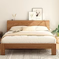 Cozy Bedroom Interior With Wooden Bed Wall Art Pillows Blanket Curtains And Green Plants