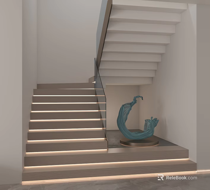 Contemporary Staircase Design With Art Sculpture And Lighting Details 3d model 