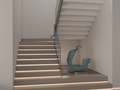 Contemporary Staircase Design With Art Sculpture And Lighting Details 3d model
