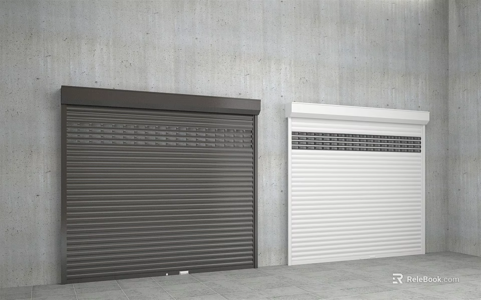 Two Dark Brown And White Roller Shutters Against Gray Concrete Wall And Floor 3d model 