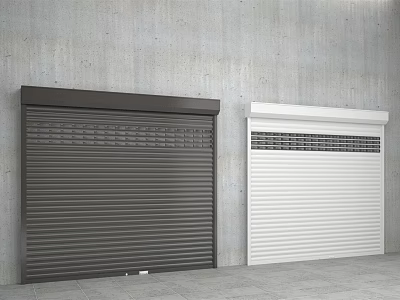 Two Dark Brown And White Roller Shutters Against Gray Concrete Wall And Floor 3d model