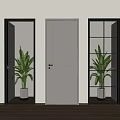 Swing Doors With Various Designs Beige Color Black Frames Glass And Solid Panels With Plants 3d model