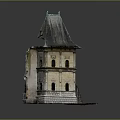 Cartoon Scene Vintage Tower With Green Roof Stone Base Slanted Walls And Windows