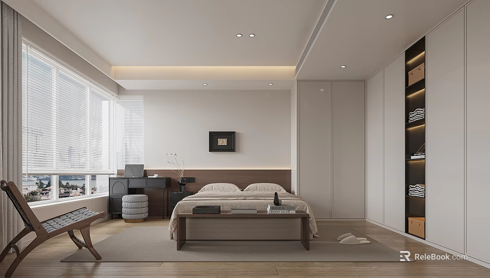 Modern Bedroom Interior With Double Bed Framed Artwork Built In Wardrobes And Area Rug 3d model 