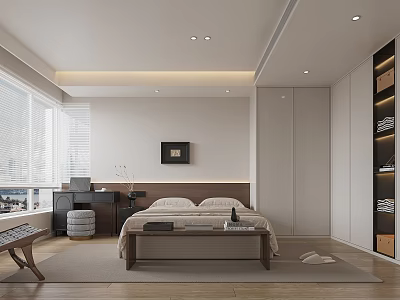 Modern Bedroom Interior With Double Bed Framed Artwork Built In Wardrobes And Area Rug 3d model