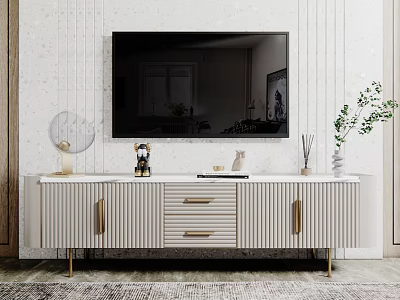Modern TV Stand With Gold Handles Drawers And Decorative Items In Living Room 3d model