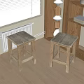 Two Natural Wooden Stools in Cozy Room Interior With Window Blinds and Wooden Shelf