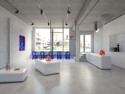 Modern Café Interior With White Furniture Blue Chairs And Abstract Art 3d model