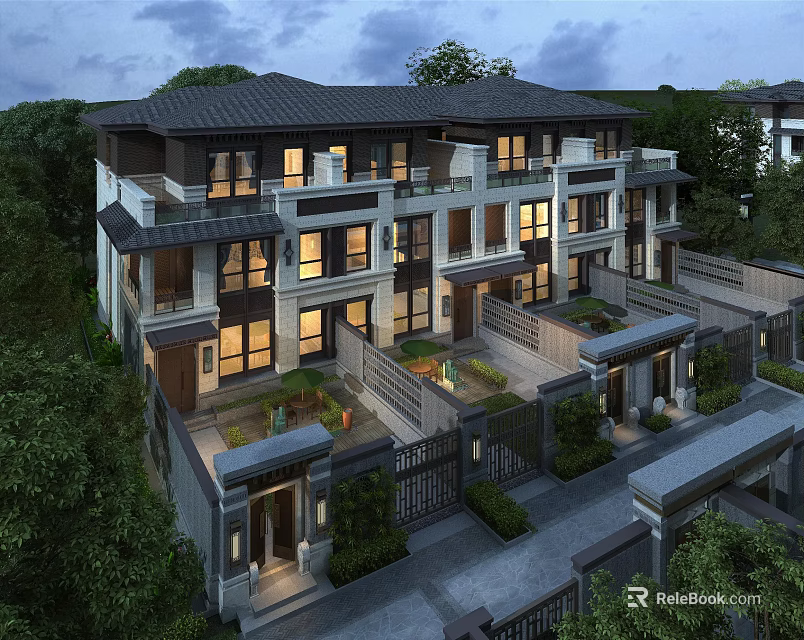 Traditional Chinese Style Townhouse Exterior With Multiple Floors Balconies And Lush Greenery 3d model 