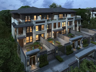 Traditional Chinese Style Townhouse Exterior With Multiple Floors Balconies And Lush Greenery 3d model