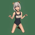 Anime Style Character With Cat Ears Tail And Short White Hair Kneeling On Green Background