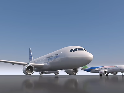 Large White Passenger Airplane With Smaller Green And Blue Airliner On Ground 3d model