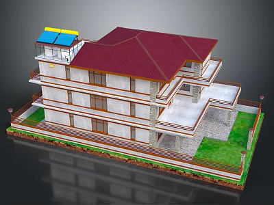 Spacious Detached Villa With Red Roof Multi Story Design Green Lawn And Solar Panels 3d model