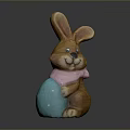 Cute Brown Easter Rabbit Figurine With Pink Scarf Holding Blue Egg 3d model