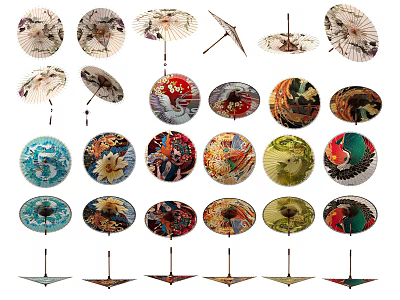 Traditional Patterned Umbrellas With Various Colorful Vintage Prints And Decorative Designs 3d model