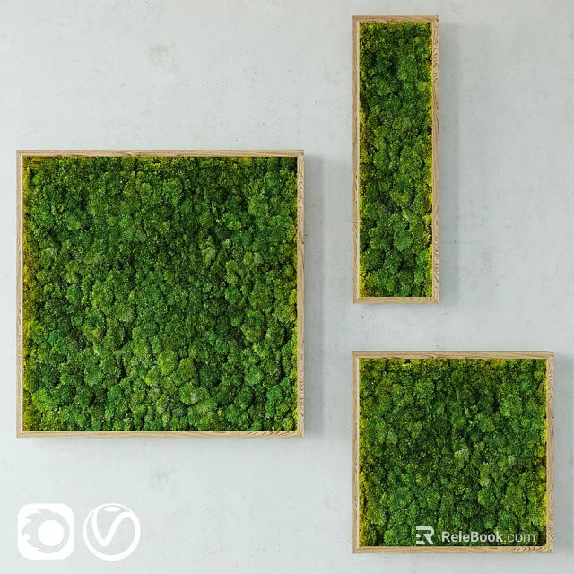 Three Green Moss Wall Art Pieces With Golden Frames On Light Background 3d model 