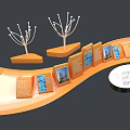 Modern Exhibition Display Setup With Orange Stand White Models And Information Panels 3d model