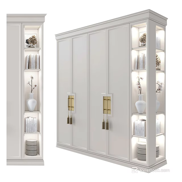 Modern White Wardrobe Interior With Open Storage Shelves And Golden Tassel Handles 3d model 