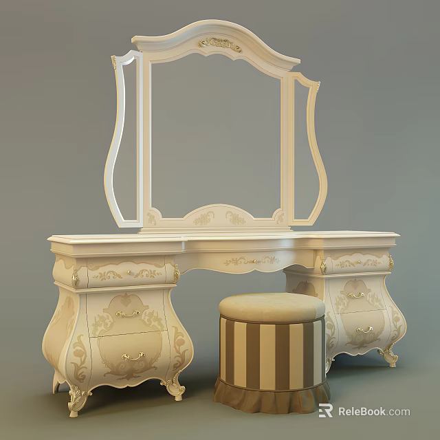 Classical Carved Cream Colored Dressing Table With Mirror And Striped Stool 3d model 