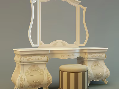 Classical Carved Cream Colored Dressing Table With Mirror And Striped Stool 3d model