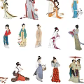 Classical Chinese Women In Traditional Costumes With Various Elegant Poses And Attire