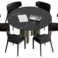 Modern Round Black Marble Dining Table Set With Six Leather Chairs 3d model