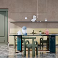 Blue Dining Table Set with Green Chairs and Decorative Items on Background Shelf