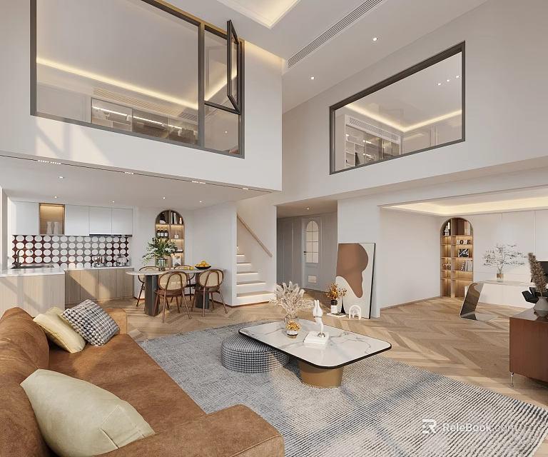 Modern Loft Apartment With Open Living Dining Kitchen Space 3d model 