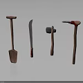 Various Wooden Handle Hand Tools Including Shovel Knife Axe And Red Accent Tool