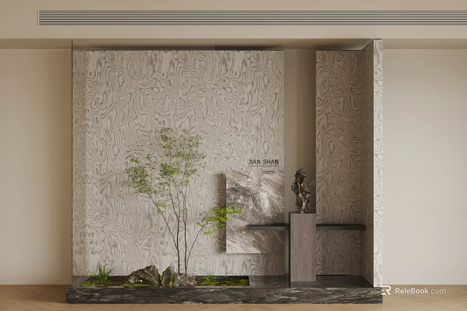 Modern Indoor Landscape With Green Plants Decorative Wall Sculpture And Natural Stone Platform 3d model 