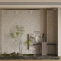 Modern Indoor Landscape With Green Plants Decorative Wall Sculpture And Natural Stone Platform