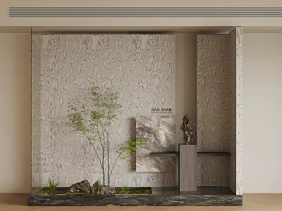 Modern Indoor Landscape With Green Plants Decorative Wall Sculpture And Natural Stone Platform 3d model