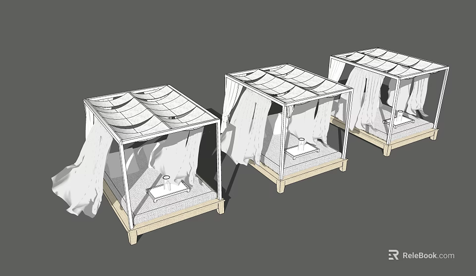 Three Modern Pergola Structures With Wooden Frame Fabric Canopy And Platform Base 3d model 