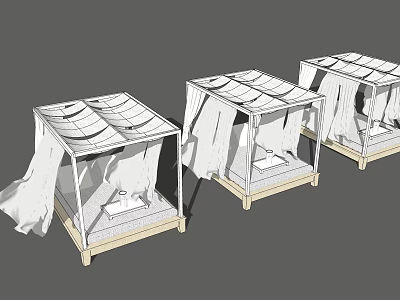Three Modern Pergola Structures With Wooden Frame Fabric Canopy And Platform Base 3d model