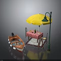Outdoor Dining Space With Yellow Umbrella Street Lamp Small Boat And Checkered Tablecloth