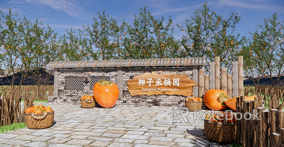 New Chinese Style Landscape Wall Fruit Tree Park Landscape Persimmon Forest Persimmon Picking Garden Persimmon Landscape Wall Sketch Agricultural Planting Sub-farm model