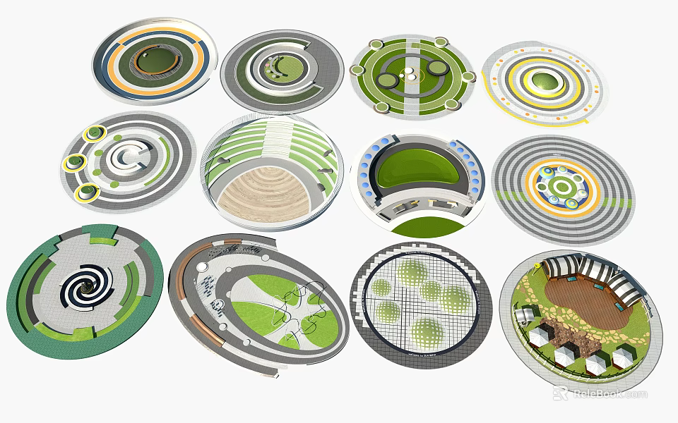 Multiple Circular Square Landscape Designs With Green Lawn And Pathway Layouts 3d model