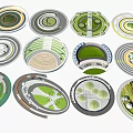 Multiple Circular Square Landscape Designs With Green Lawn And Pathway Layouts 3d model