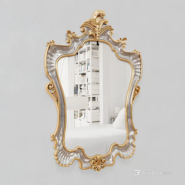 Ornate Gold And Silver Framed Mirror Reflecting White Room With Bookshelves And Bed 3d model 