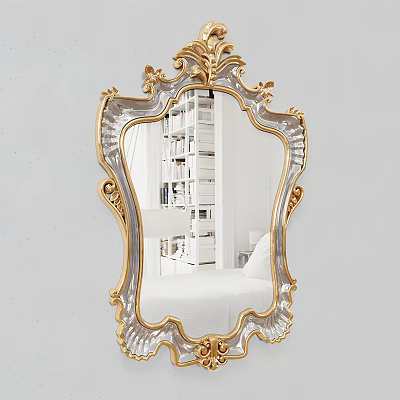 Ornate Gold And Silver Framed Mirror Reflecting White Room With Bookshelves And Bed 3d model