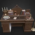 Classic Wooden Desk Featuring Stacked Books Hourglass Candle Holders and Table Lamp