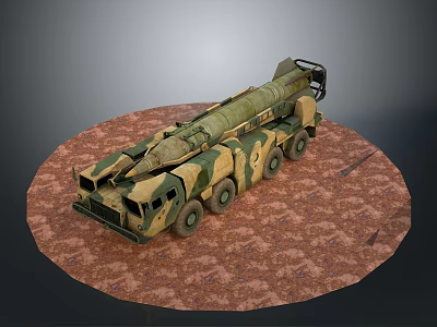 Military Camouflage Missile Launcher Vehicle Displayed On Circular Brown Ground Surface 3d model