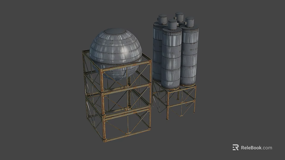 Spherical And Cylindrical Industrial Storage Tanks On Metal Support Framework Structure 3d model