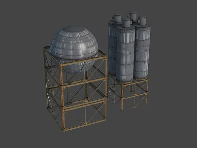 Spherical And Cylindrical Industrial Storage Tanks On Metal Support Framework Structure 3d model