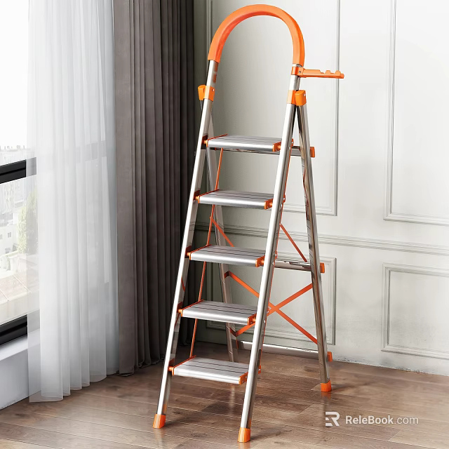 Sturdy Foldable Aluminum Five Step Ladder with Orange and Silver Design for Household Use 3d model 