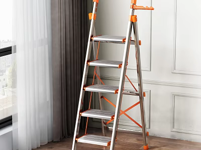 Sturdy Foldable Aluminum Five Step Ladder with Orange and Silver Design for Household Use 3d model